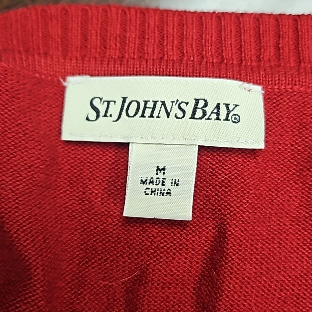 St John Bay Argyle V Neck Sweater Red Grey White Med NWT Cotton - Picture 5 of 11